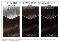 The starting shade of your hair will dramatically affect the results of this product. This chart provides a visual representation of Bigen Permanent Powder 26: Golden Brown results based on starting with gray, brown or black hair. Please note, results will vary. This product has no lifting properties and will not lighten your hair
